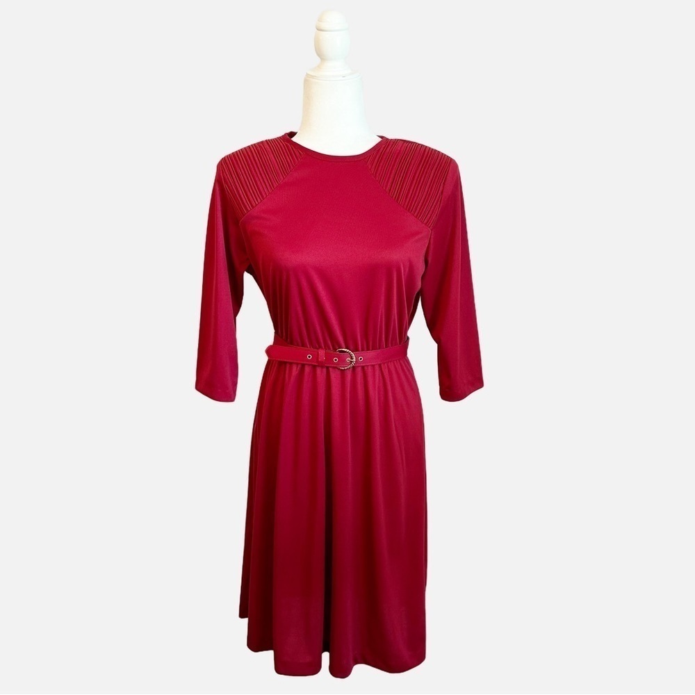 SOLD!  Vintage 70s 80s Blair Cranberry Red Belted Midi Dress 8 Petite Medium